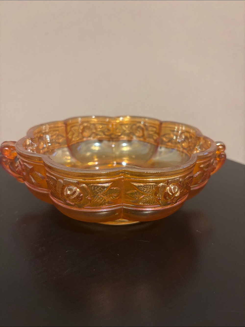 Iridescent Amber Glass Dish - Decorative Floral Bowl